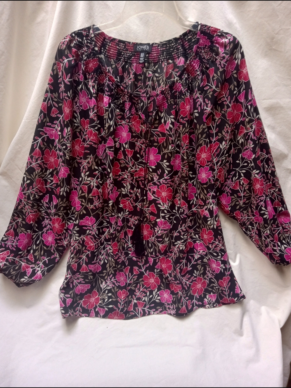 Jones New York Black Floral Peasant Blouse with Pink Flowers